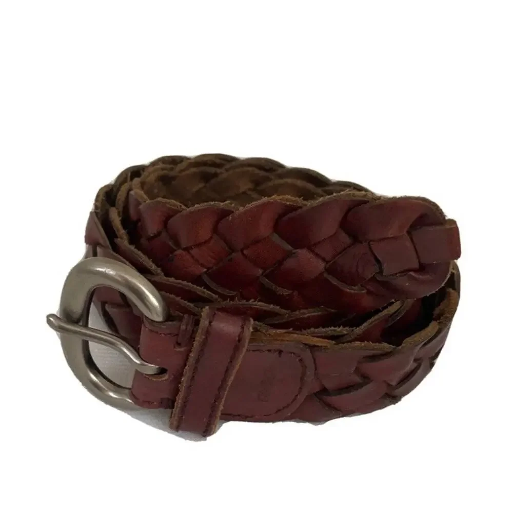 American Eagle Mens Belt Braided Leather Basketweave Brown Silver Buckle XS-S